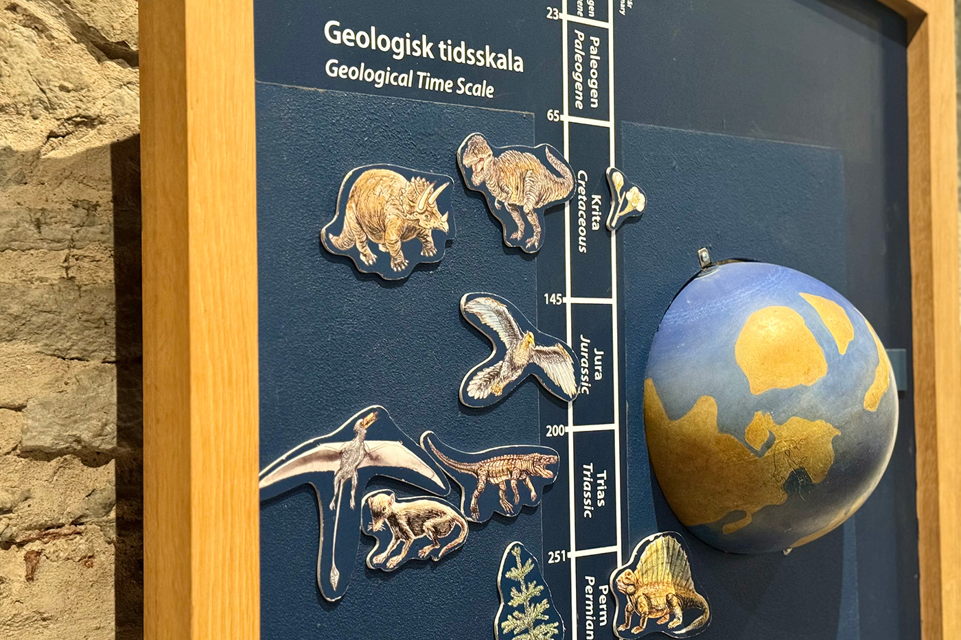En inramad display visar den geologiska tidsskalan med illustrationer av förhistoriska djur, jorden med forntida kontinenter och etiketter på både svenska och engelska. Tidslinjen lyfter fram viktiga epoker som krita och jura.