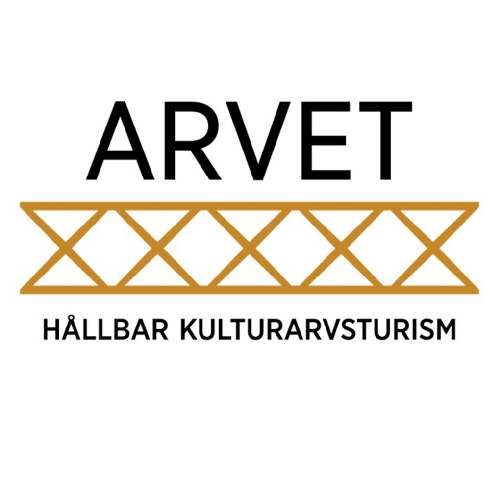 Bilden visar ordet ARVET ovanför ett stiliserat guldfärgat geometriskt mönster och texten HÅLLBAR KULTURARVSTURISM under, allt på en vit bakgrund.