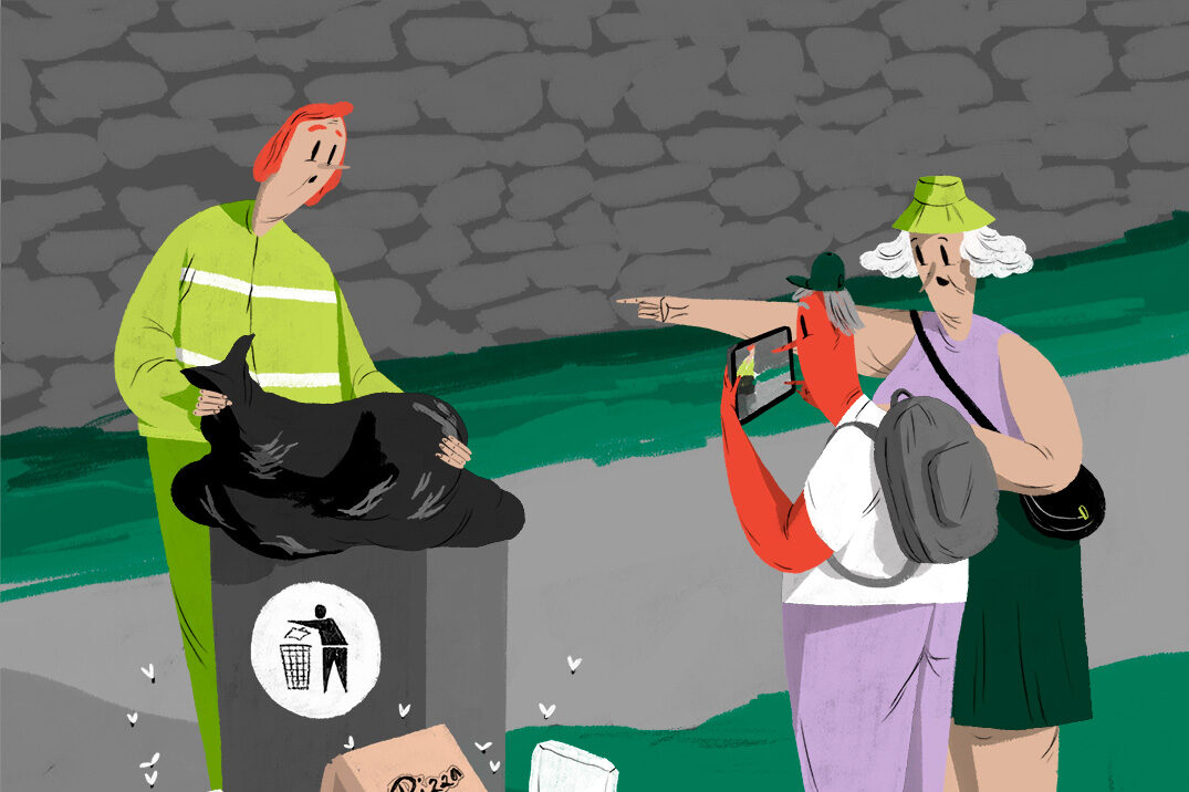 Illustration. Tre personer vid en papperskorg. Skräp ligger bredvid papperskorgen.