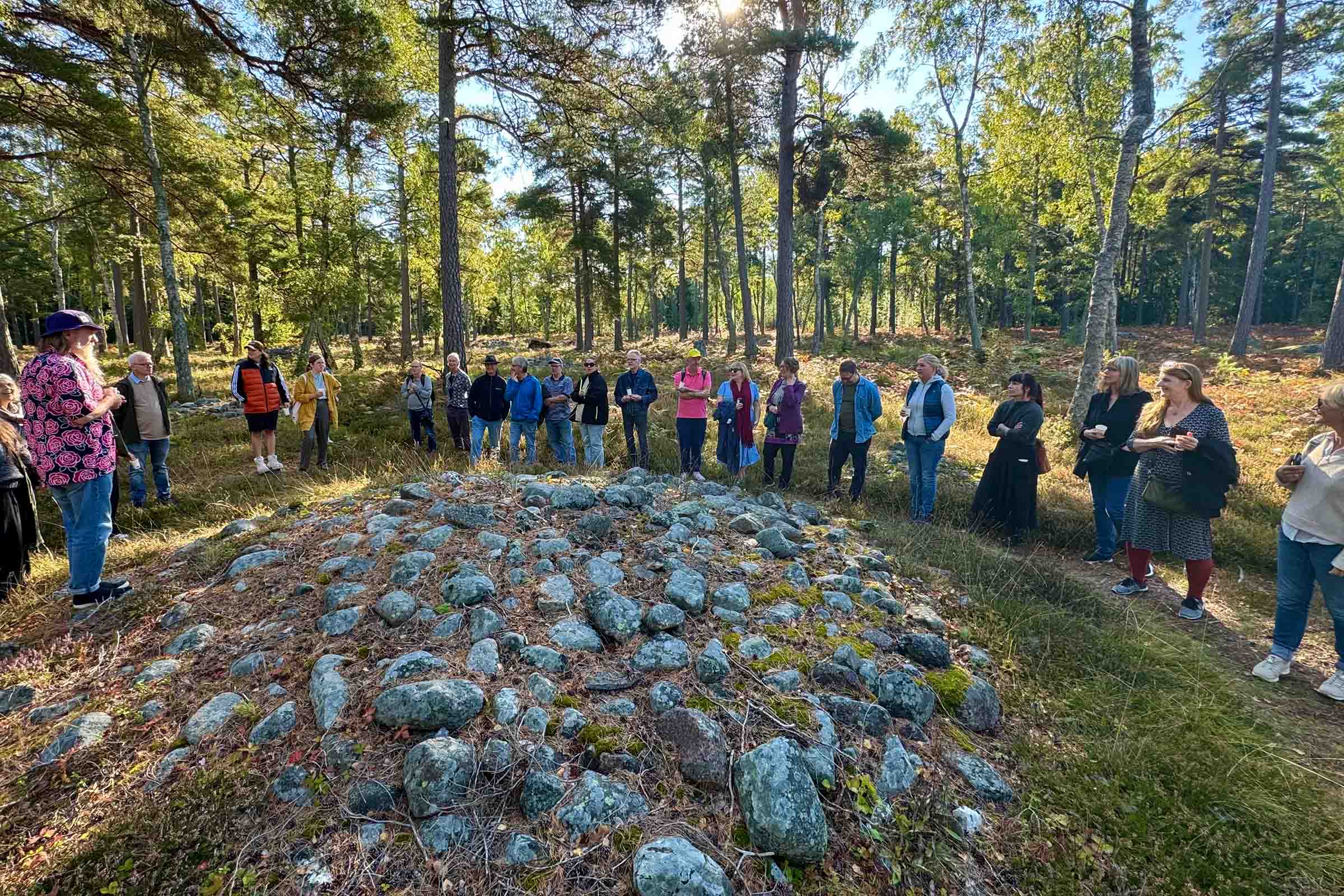 En grupp människor står i en cirkel runt en stenhög i en skog och lyssnar på någon som pratar en solig dag. Höga träd och gröna bladverk omger scenen.