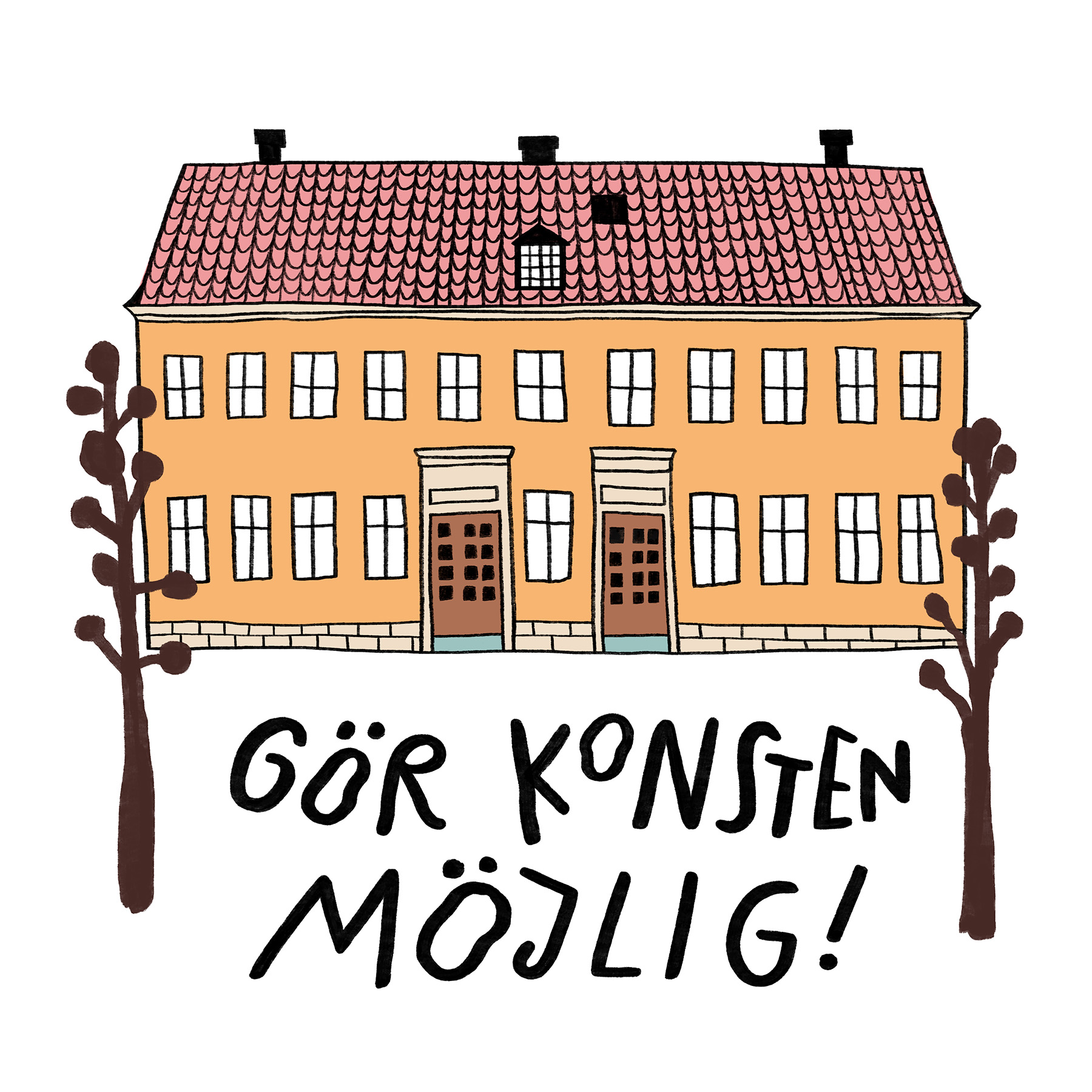 Ett tecknat gult hus. Två träd framför och texten: gör konsten möjlig.